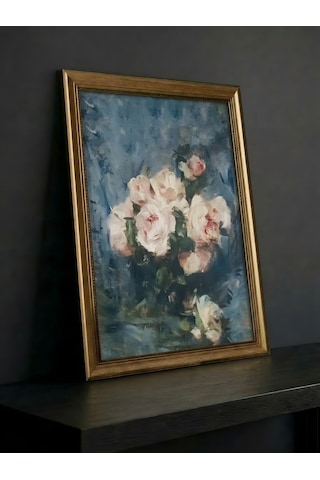 Gold Çerçeveli Vintage Büyük Boy Yağlı Boya Dokulu Tablo 50x70 Resim Ölçüsü 60x80 Çerçeve Klasik Gül Sanat Eseri Dekoratif Salon Duvar Tablosu