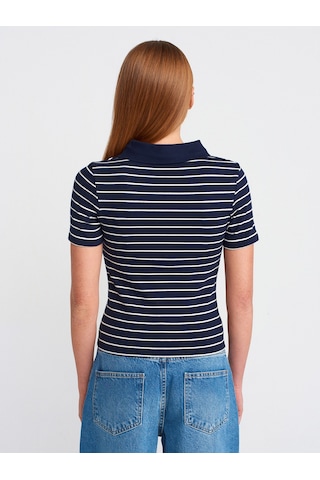 Dilvin 31464 Çizgili Polo Yaka T-shirt Lacivert