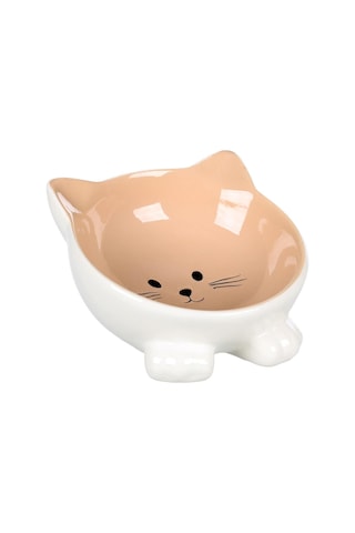 Flamingo Puzi Kedi Kulaklı Desenli Seramik Mama Ve Su Kabı Bej 125 Ml