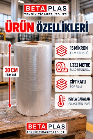 Betaplas POF(POLYOLEFİN) Shrink Film 30 cm x 15 Mikron- 1.332 Metre-Çift Katlı