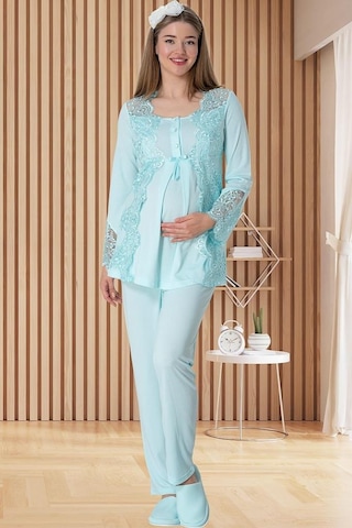 Mecit Pijama Mecit 5015 Kadın Hamile Lohusa Turkuaz Dantelli Pijama Takımı 001