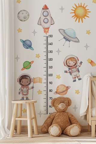 Astronotlar, Uzay Ve Gezegenler Temalı Temalı Boy Ölçer Boy Cetveli Sticker Seti Çocuk Dijital Baskı