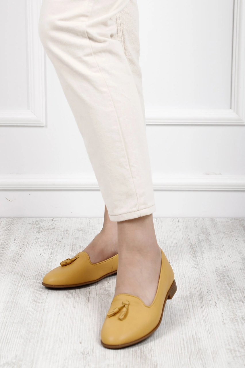 Gönderi R Kadın Hardal Hakiki Deri Püsküllü Babet Gdza13424160 Hardal