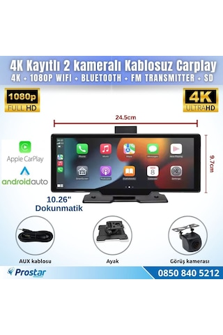 Dokunmatik 10.26 İnç 4k+1080p Çift Kameralı Kablosuz Carplay Wifi Bluetooth Set