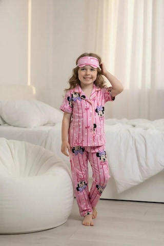 Lillypicca Pembe Desenli Pamuklu Önden Düğmeli Göz Bantlı Kısa Kol Pijama Takımı 8023