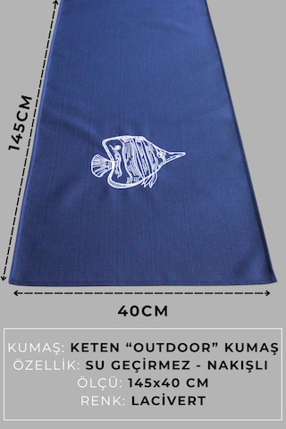Marin Nakışlı Runner 145x40 Ve 45x45 Kırlent Seti Balık Desen Su İtici Outdoor Keten Tekne Bahçe Lacivert