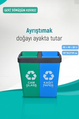 Geri Dönüşüm Kutusu Cam Kağıt Geri Dönüşüm Kovası Yeşil Mavi 80 Litre Yeşil-mavi