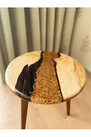 Fawdecor Yuvarlak Epoksi Kahve Desenli Masif Ahşap Reçine Sehpa