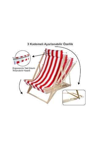 Ahşap Katlanır Plaj Şezlongu - Kırmızı