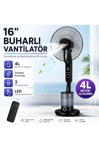 16 İnç Buharlı Vantilatör, 4l Su Hazneli Ayaklı Fan, Uzaktan Kumandalı, Led Ekranlı, 3 Hız Kademeli, 3 Modlu, Nemlendirici Özellikli, Salınımlı Sessiz Vantilatör