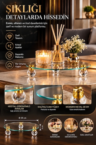 Kristal Ayaklı Gold Detaylı Yuvarlak Cam Sunumluk Ve Dekoratif Servis Standı / Organizer Şeffaf - 936809050 Şeffaf