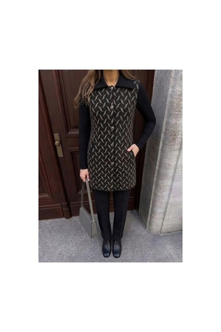 Onno Style Women Desenli Çelik Örgü Uzun Triko Kadın Yelek Kaban Siyah