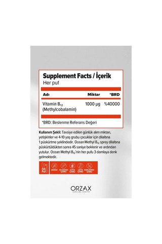Orzax Ocean Methyl B12 1000 Mcg Sprey 10 Ml - Aktif B12 Vitamini İçeren Takviye Edici Gıda