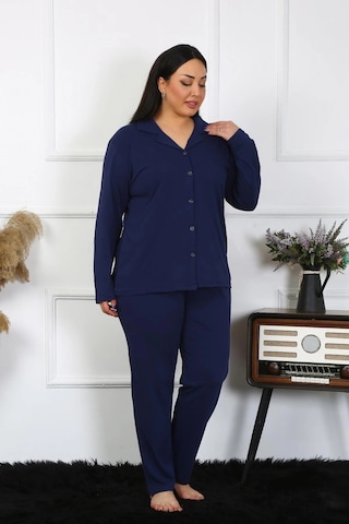 Lenaca Kadın Büyük Beden Pamuklu Cepli Düğmeli Lacivert Pijama Takım Lacivert