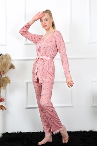 İbrahim Burak Etiler Collection Moda Çizgi Kadın 3'lü Gül Kurusu Sabahlık Pijama Takım 16103