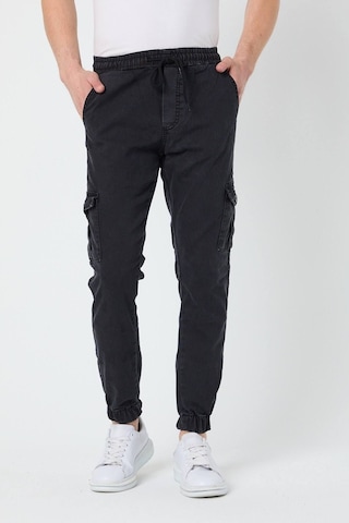 Haki Slim Fit None Denim Yandan Cepli Bel Bağcıklı, Paçaları Lastikli Erkek Kargo Pantolon Gri