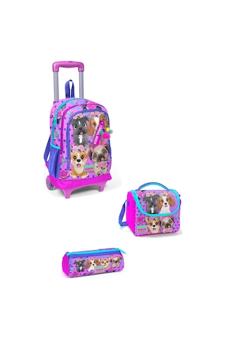 Kids Pembe Köpek Desenli Üç Bölmeli Çekçekli Okul 3'lü Çanta Seti 3set23950