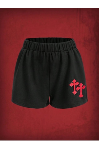 Desen Penye Şort - Siyah Baskılı Kısa Kordonsuz Siyah