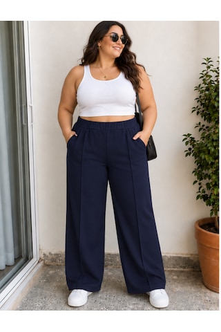 Cocosushicooo Büyük Beden Kadın Lacivert Bol Paça Pantolon Rahat Kesim Lastikli Bel Cepli