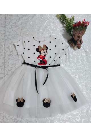 Alfa Expres 2-3-4 Yaş Puantiyeli Mickey Baskılı Kurdela Kuşaklı Astarlı Kız Bebek Tütü Elbisesi Beyaz Beyaz