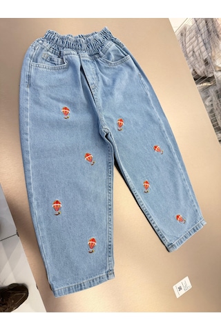 Magu Unisex Çocuk Pamuklu Balon Nakışlı Oversize Kot Pantolon Mavi