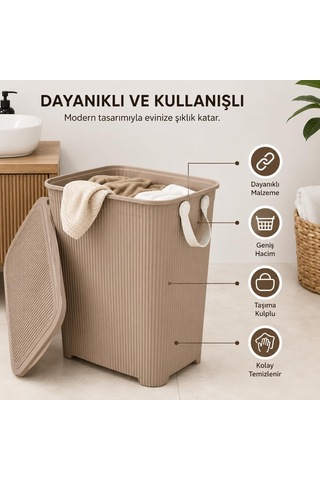 45 L Kapaklı Kirli Çamaşır Sepeti Modern Çizgili Tasarım Taşıma Kulplu Dayanıklı Plastik Banyo, Çamaşır Odası Ve Yatak Odası İçin 40 X 34 X 47 Cm, Kahve Çok Renkli