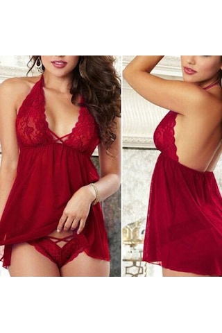 Sones Kadın İç Çamaşırı Dantel Babydoll Chemise Petticoat Rüzgar Kırmızısı Kırmızı