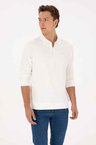 U.S. Polo Assn. Erkek Comfort Fit Yarım Fermuarlı Beyaz Sweatshirt 50316484-VR184