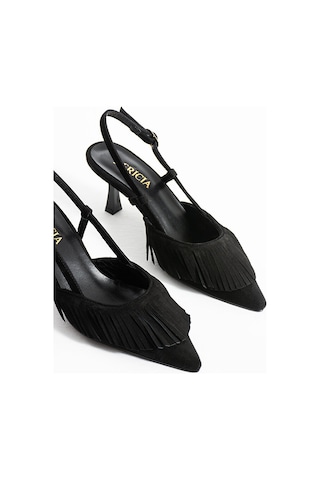 Dericia Shoes Jewel Hakiki Deri Süet Püskül Detaylı Kadın İnce Topuklu Ayakkabı Siyah
