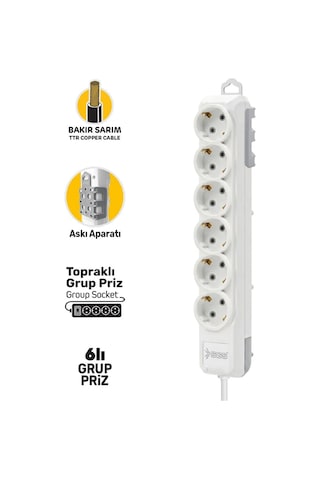 Sgs3493 Grup Priz Topraklı Altılı 5 Metre, Uzatma Kablosu, Üçyol 5 M