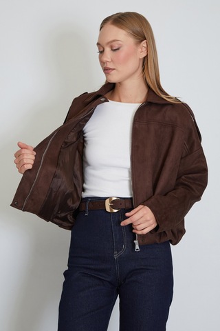 Fullamoda Fermuarlı Polo Yaka Süet Bomber Ceket Kahve