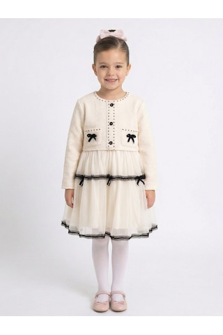 Xo Kids Siyah Fiyonk Ve Şerit Detaylı Tüllü Prenses Model Çocuk Elbise 3-7 Yaş 4427 Ekru