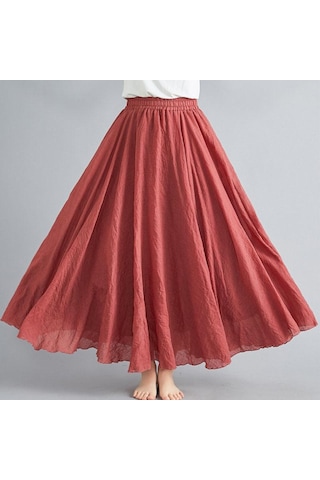 Yaz Sonbahar Kadın Etek Edebi Büyük Boy Pamuk Keten Yarım Etek Elastik Bel Keten A-line Etek Uzun Bölüm Saf Renk Rüzgar Salıncak Etek Tuğla Kırmızısı Kiremit