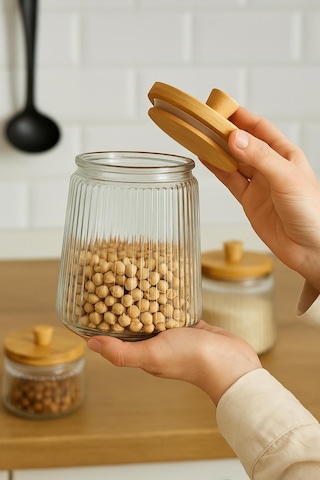3'lü Bambu Kapaklı Yivli Kavanoz Seti 1800 Ml Şeffaf