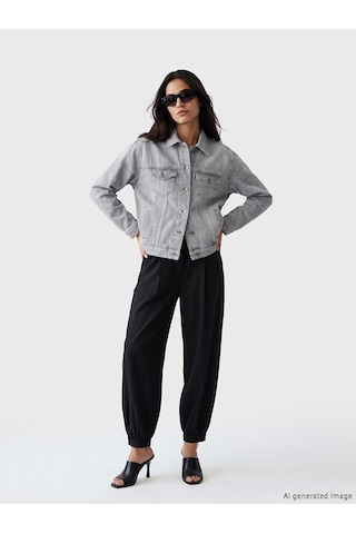 Lcw Vision Gri Gömlek Yaka Oversize Kadın Jean Ceket