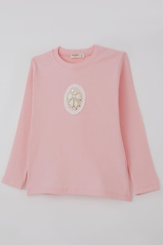 Breeze Kız Çocuk Uzun Kollu Tişört Vintage Dantel Fiyonk Aplikeli 5-10 Yaş, Pembe Pembe