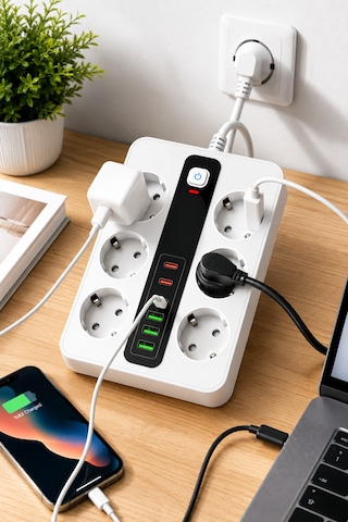 6'lı Priz Çoklayıcı 4 Usb + 2 Type-c Hızlı Şarjlı Anahtarlı Priz 3500w 2 Metre Kablo 2 - 5 M