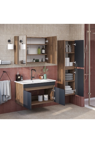 Lavabolu Mdf 80 Cm Banyo Alt Dolabı + Aynalı Üst Dolabı + Banyo Boy Dolabı , Banyo Dolabı Seti. Atlantik Çam - Antrasit