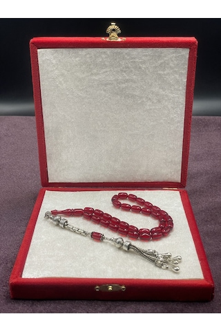 Alpaka Püsküllü Kapsül Kesim Kırmızı Ateş Kehribar Tesbih 7x11 Mm