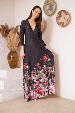 Darlin Moda Siyah Kruvaze Kırmızı Çiçek Desenli Abiye Elbise Dm1016