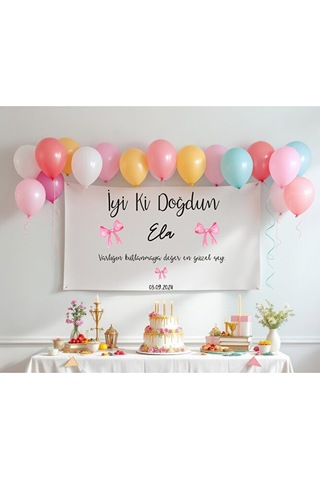 Kişiye Özel Büyük Ebat İyi Ki Doğdun Fiyonklu Doğum Günü Duvar Örtüsü Duvar Halısı Flama
