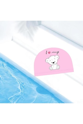 Çocuklar İçin Pembe Ayıcık Figürlü Deniz Havuz Bonesi, Likralı Bez Bone Yüzücü Deniz Bonesi, Su Spor Pembe