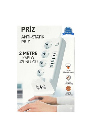 Akım Korumalı Priz Ve Masaüstü Şarj İstasyonu Kablosuz 4 Priz ,4 Usb, 2 Type-c Girişli 2 Metre 0