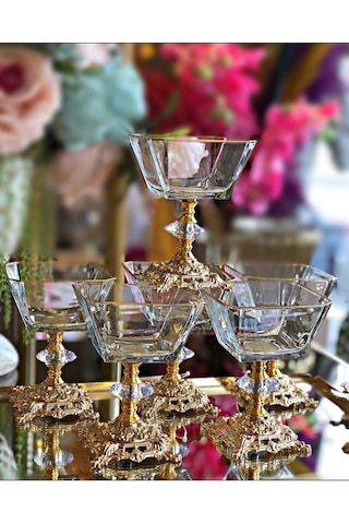 Decores Home Center 6 Adet Metal Ayaklı Gold Detaylı Magnolia-kase-dondurmalık-şekerlik Kahverengi