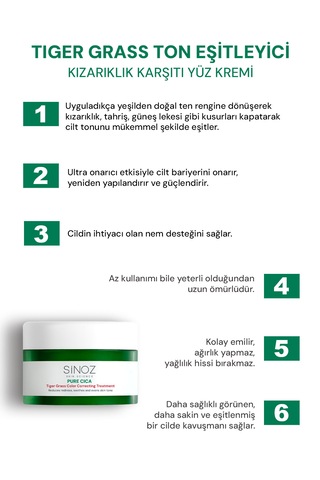 Sinoz Pure Cica Tiger Grass Ton Eşitleyici Yoğun Onarıcı ve Yatıştırıcı Yüz Kremi 15 ML