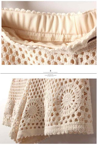 Fashion Cocktail Kahverengi Deri Kordonlu Bohem Tığ İşi Makrome Çiçek Motif Dokulu Etnik Tatil Plaj Sahil Dantel Beli Lastikli Bağlamalı Kadın Mini Şort beyaz