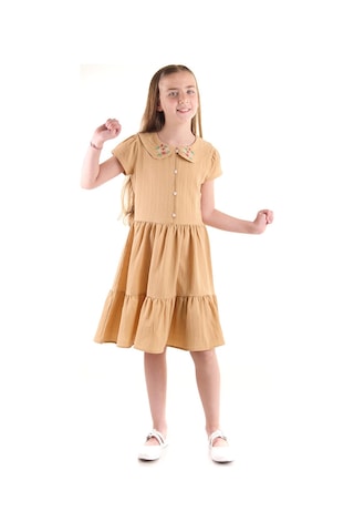 Ahengim Kız Çocuk Düğmeli Yaka Nakışlı Elbise Trend Pamuklu Pamuklu Ak2523 Kahverengi