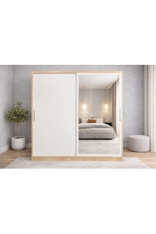 Zen Sürgü Kapaklı Dolap Gardırop Meşe Beyaz 140cm - Montaj Dahil