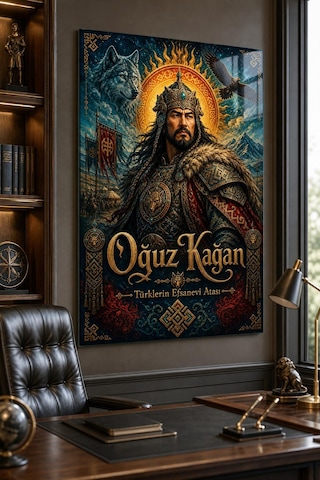 Oğuz Kağan Desenli Baskılı Cam Tablo Türk Mitolojisi Uv Baskı Duvar Dekoru