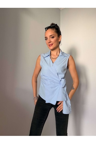 Ali Butik Mavi Sıfır Kol Poplin Gömlek Mavi